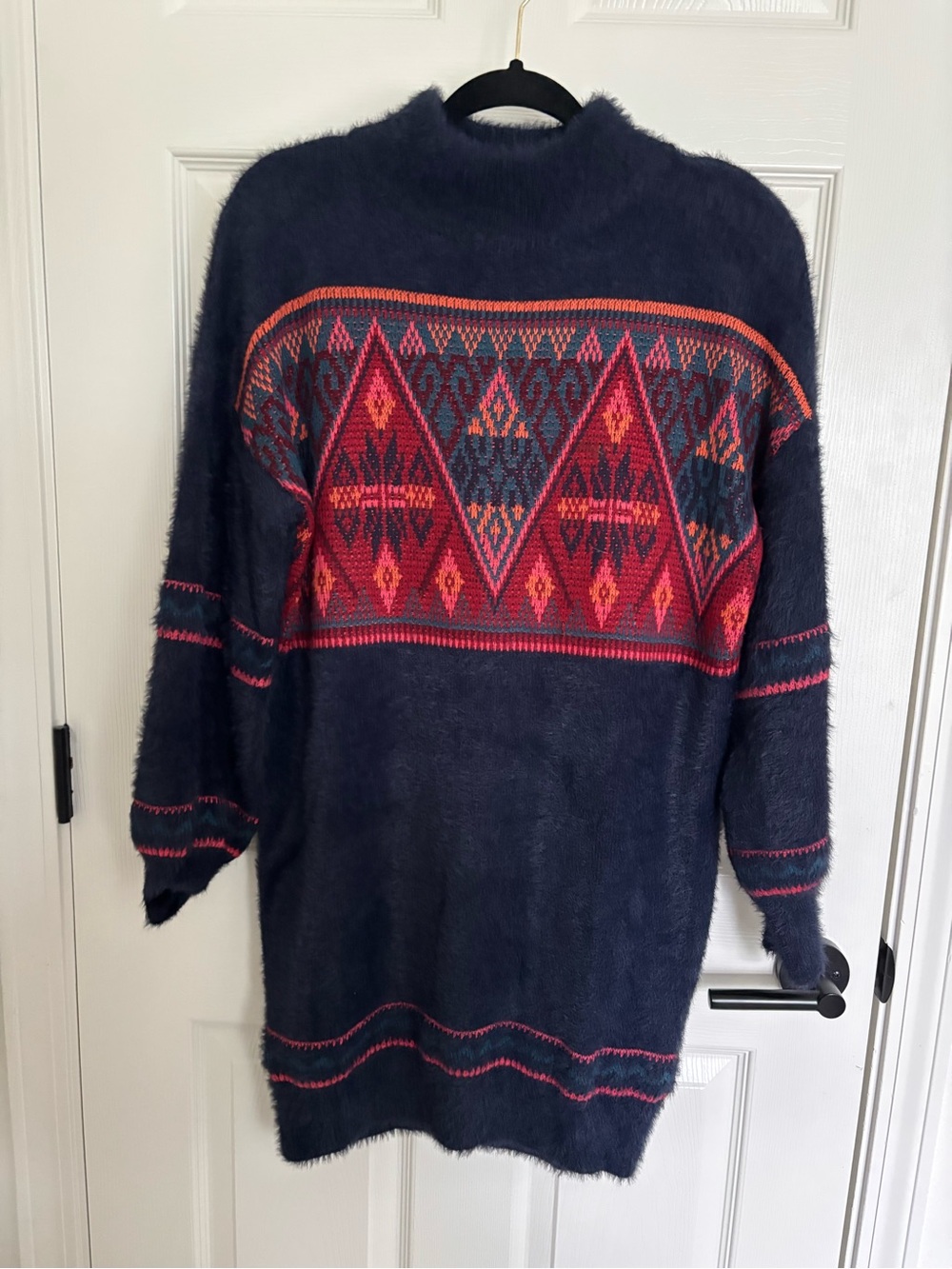 Cozy Navy Sweater Dress with Pink & Coral Geometric Panel modcloth soft fabric